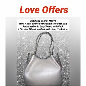 Alfani Snake Leaf Design Shoulder Bag NWT Faux Leather Gray Tones, and Black